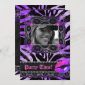 レースダイヤの誕生日パーティー ゼブラ 紫の唇 招待状 (正面/裏面)