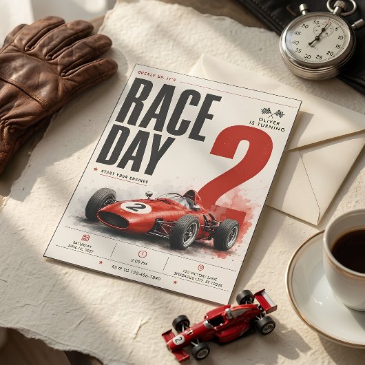 レースデイ ビンテージ フォーミュラ レースカー 2歳の誕生日 招待状