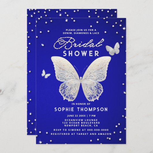 レースバタフライライン王室のストーンブルーブライダルシャワー 招待状 (正面/裏面)