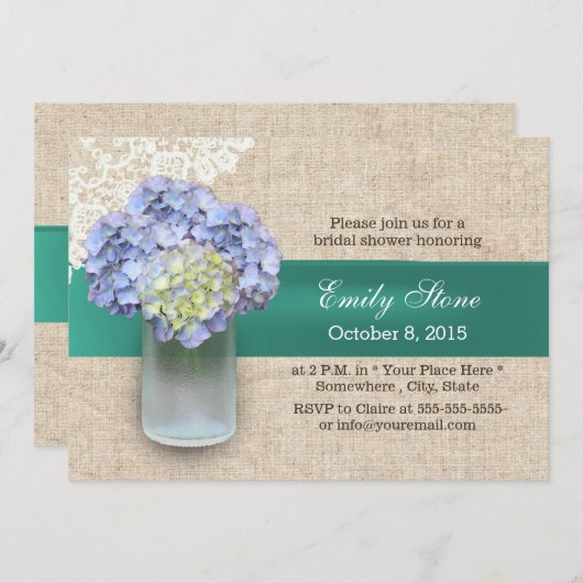 レースバーラップアジサイ&メイソンジャーブライダルシャワー 招待状 (正面/裏面)