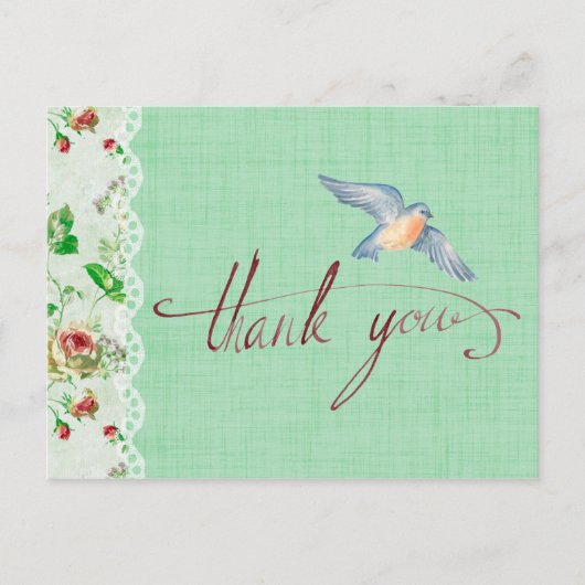 レースバーラップヴィンテージバラとスワローサンキュー ポストカード (正面)