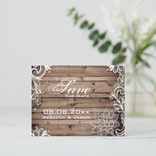 レースバーンウッドカントリーウェディングは日付を保存 案内ポストカード (スタンド正面)