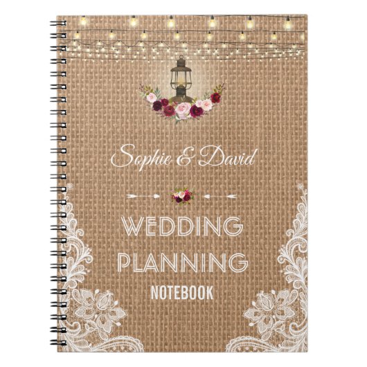 レースバ素朴ーラップのストリングライトウェディングプランナー ノートブック (正面)