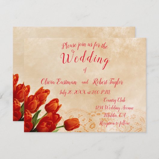 レースパーソナライズされたの背景に赤いチューリップ (正面/裏面)