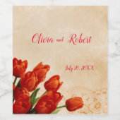 レースパーソナライズされたの背景に赤いチューリップ ワインラベル (シングルラベル)