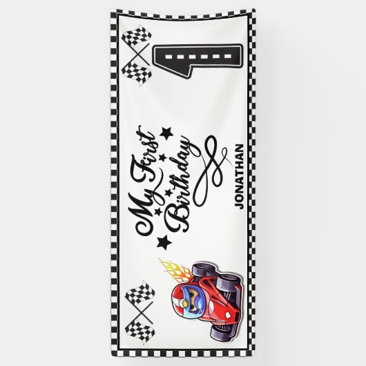レースパーソナライズされたカーをテーマにした誕生日パーティバナー 横断幕 (縦)