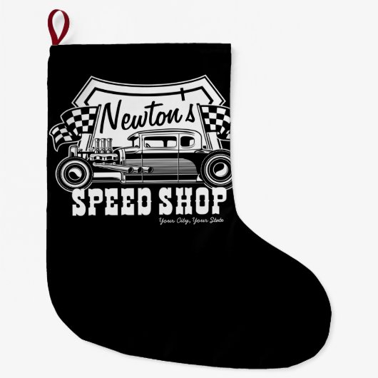 レースパーソナライズされたス改造ピースショップガレージ ラージクリスマスストッキング (正面)