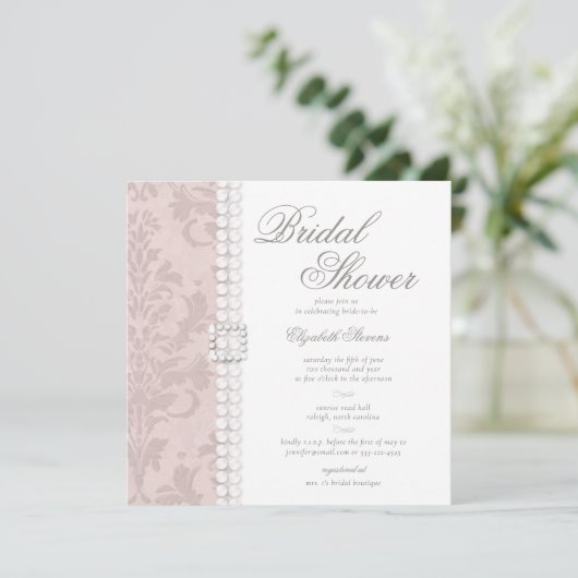 レースパールスダマスクピンクシックエレガントブライダルシャワー 招待状 (スタンド正面)