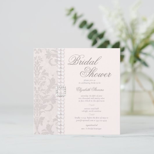レースパールスダマスクピンクシックエレガントブライダルシャワー 招待状 (スタンド正面)