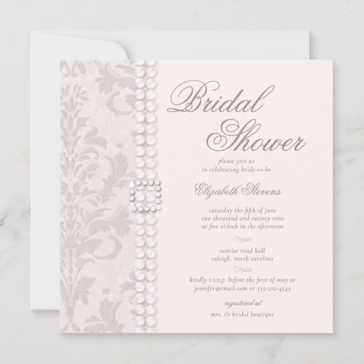 レースパールスダマスクピンクシックエレガントブライダルシャワー 招待状 (正面)