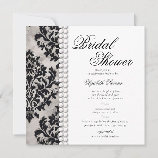 レースパールダマスク白黒フォーマルブライダルシャワー 招待状 (正面)