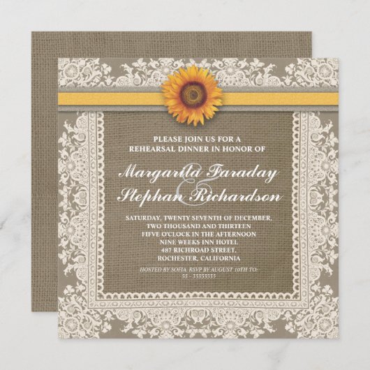 レースヒマワリとバーラップのリハーサルディナー招待状 招待状 (正面/裏面)