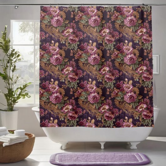レースビクトリアンエレガントパープルバラ シャワーカーテン