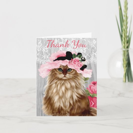 レースビクトリアン付き帽子の猫 サンキューカード (正面)