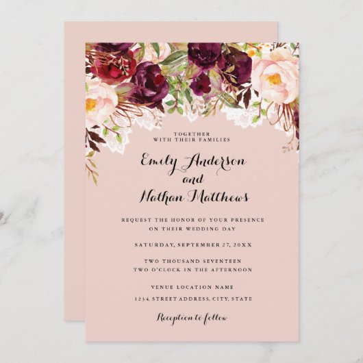 レースピーチブルゴーニュフローラウェディングアクト 招待状 (正面/裏面)