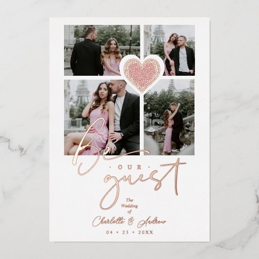 レースファンシーピンクハート4枚数々のコラージュ 箔招待状 (正面)