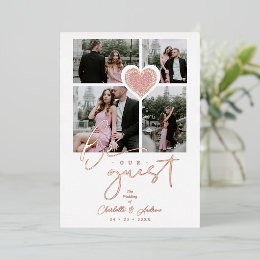 レースファンシーピンクハート4枚数々のコラージュ 箔招待状 (立ち正面)