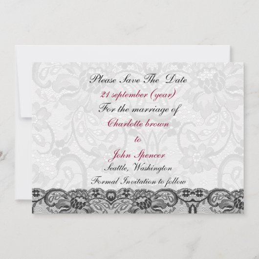 レースフェイクとリボンのピンク、黒の日付を保存 セーブザデート (裏面)