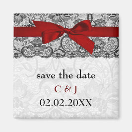 レースフェイクとリボン赤、黒の日付を保存 マグネット