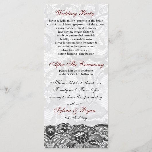 レースフェイクとリボン赤、黒の結婚式プログラム プログラム (裏面)