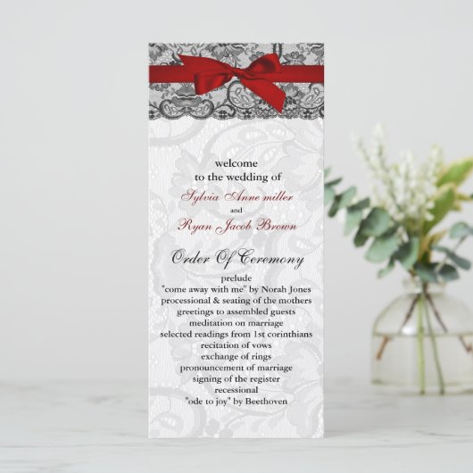 レースフェイクとリボン赤、黒の結婚式プログラム プログラム (スタンド正面)