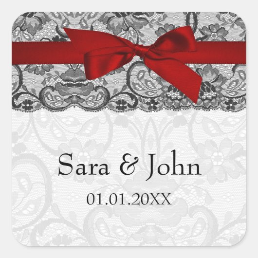 レースフェイクとリボン赤,黒封筒用シール スクエアシール (正面)