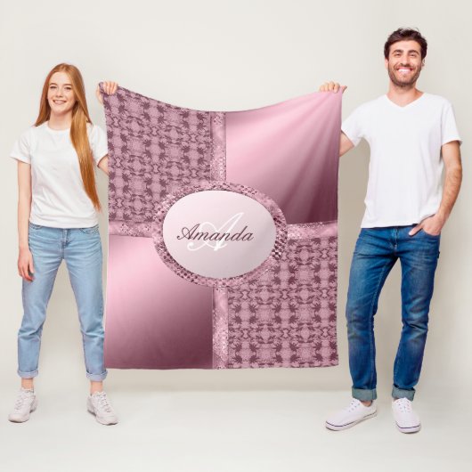 レースフェイクサテンジュエリーピンクモノグラム フリースブランケット (インサイチュ)