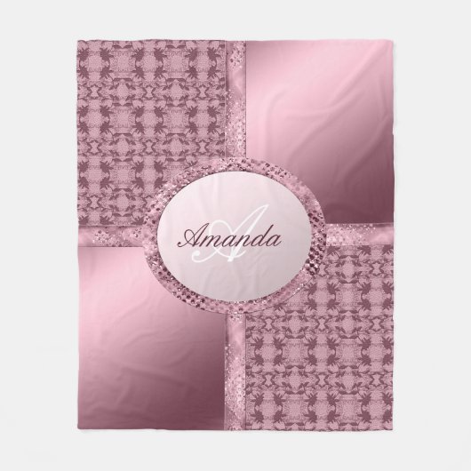 レースフェイクサテンジュエリーピンクモノグラム フリースブランケット (正面)