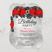 レースボウシルバーレッド誕生日パーティー 招待状 (正面/裏面)