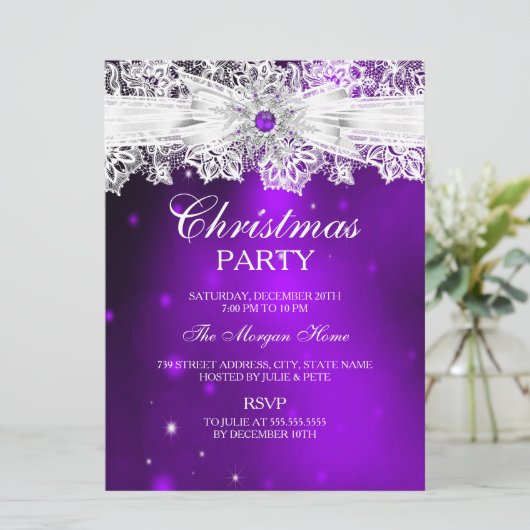レースボーエレガントパープルクリスマスホリデーパーティー 招待状 (スタンド正面)