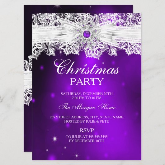 レースボーエレガントパープルクリスマスホリデーパーティー 招待状 (正面/裏面)
