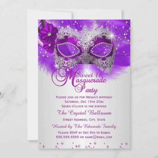 レースマスクパープルシルバーマスカレード甘い16 招待状 (正面)