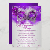 レースマスクパープルシルバーマスカレード甘い16 招待状 (正面/裏面)