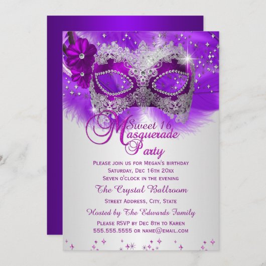 レースマスクパープルシルバーマスカレード甘い16 招待状 (正面/裏面)