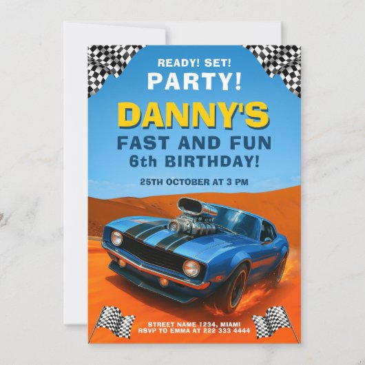 レースマッスルカー子供の誕生日パーティー 招待状 (正面)