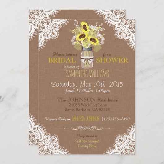 レースメイソンジャールヒマワリ素朴ブライダルシャワー 招待状 (正面/裏面)