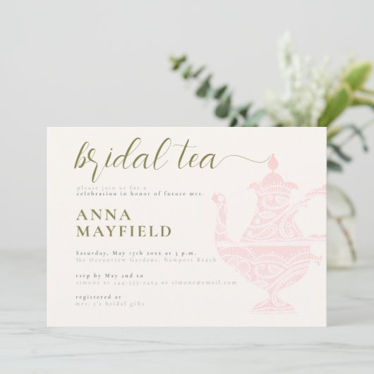 レースモダンティーポットピエレガントンクブライダルティーパーティー 招待状 (スタンド正面)