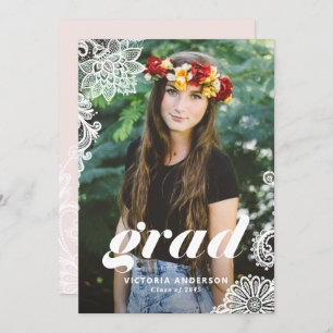 レースモダン写真卒業パーティー付きタイポグラフィ 招待状