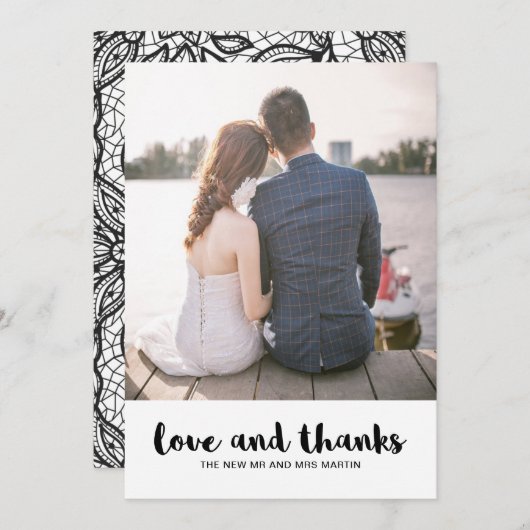 レースモダン結婚の愛と写感謝してい真 サンキューカード (正面/裏面)
