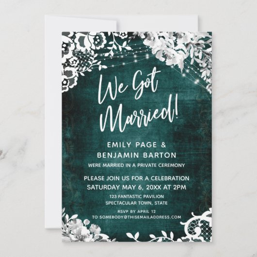 レースライト&フローラティール（緑がかった色）上の私たち得結婚した! 招待状 (正面)