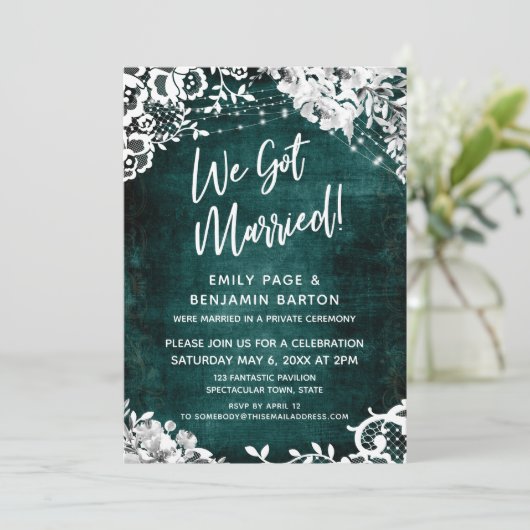 レースライト&フローラティール（緑がかった色）上の私たち得結婚した! 招待状 (スタンド正面)