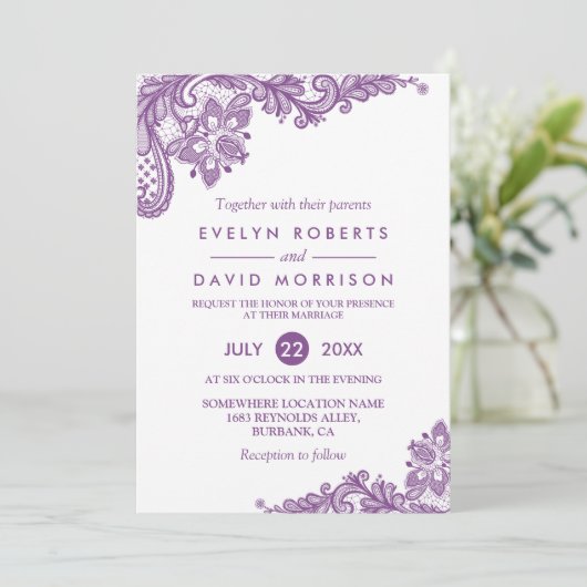 レースラベエレガントンダーパープルホワイトフォーマルズ結婚 招待状 (スタンド正面)