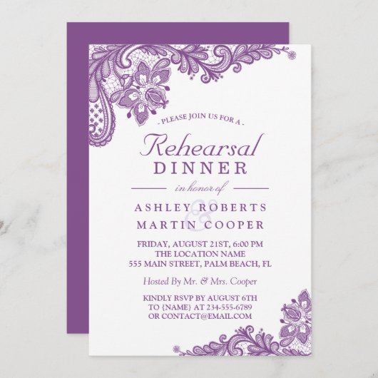 レースラベンダーパープル |の結婚リハーサルディナー 招待状 (正面/裏面)