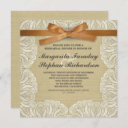 レースリボンとバーラップの田舎リハーサルディナー 招待状 (正面/裏面)