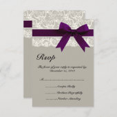 レースリボングレーとプラムRSVPカード 出欠カード (正面/裏面)