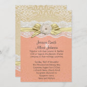 レースリボン金ゴールド/コーラルダマスウェディング招待状 招待状 (正面/裏面)