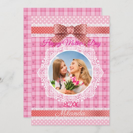 レースリボン 幸せな母の日 カード (正面/裏面)