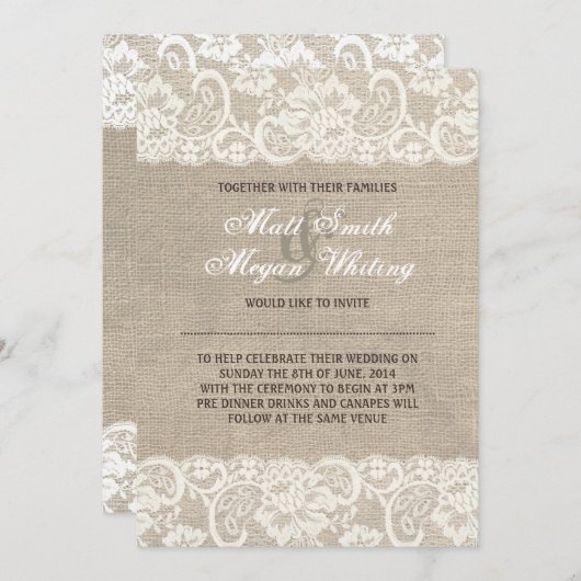 レースルック素朴バーラップ結婚式招待状 招待状 (正面/裏面)