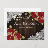 レースレッドフローラウェディング日付はがきを保存 案内ポストカード (正面/裏面)