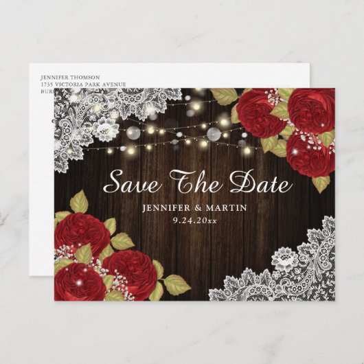 レースレッドフローラウェディング日付はがきを保存 案内ポストカード (正面/裏面)